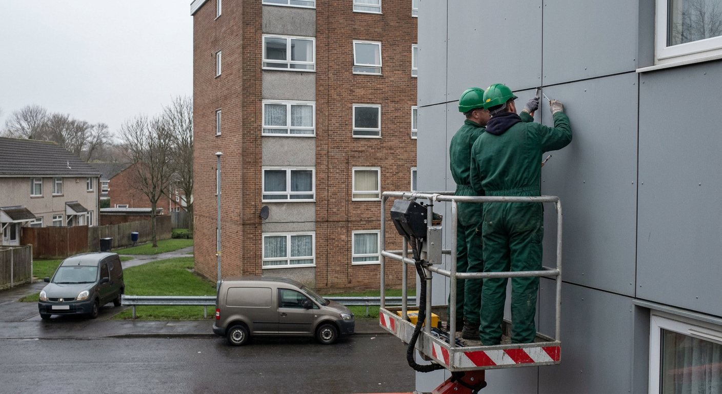 inspecting cladding to high rise building uk green overalls