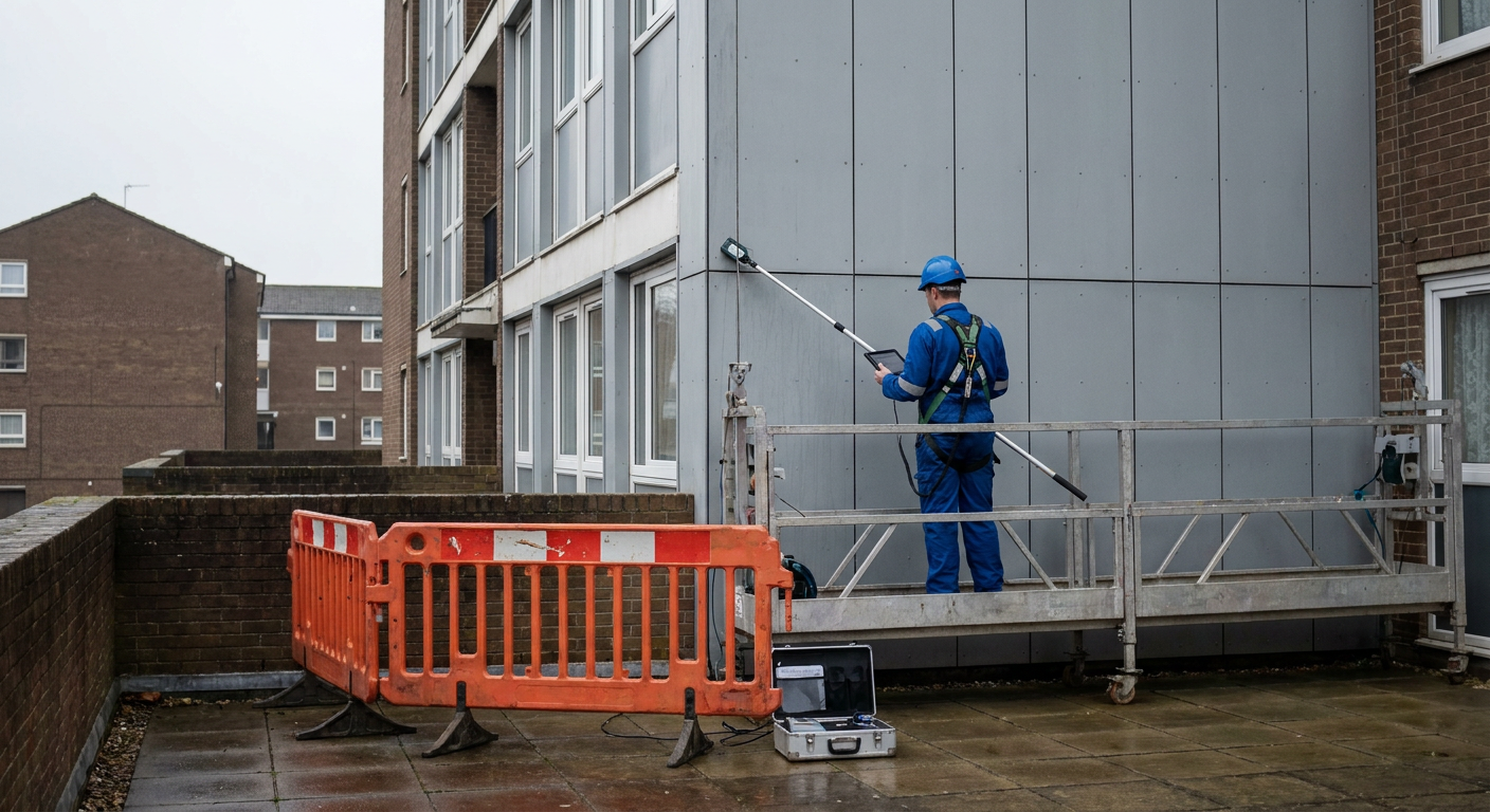 inspecting cladding to high rise building uk blue overalls