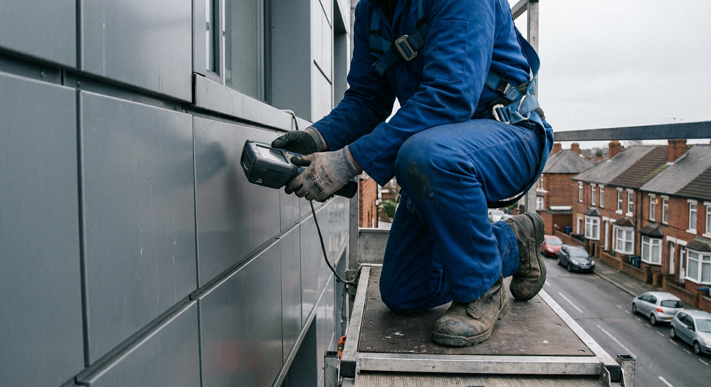inspecting cladding to high rise building uk blue overalls