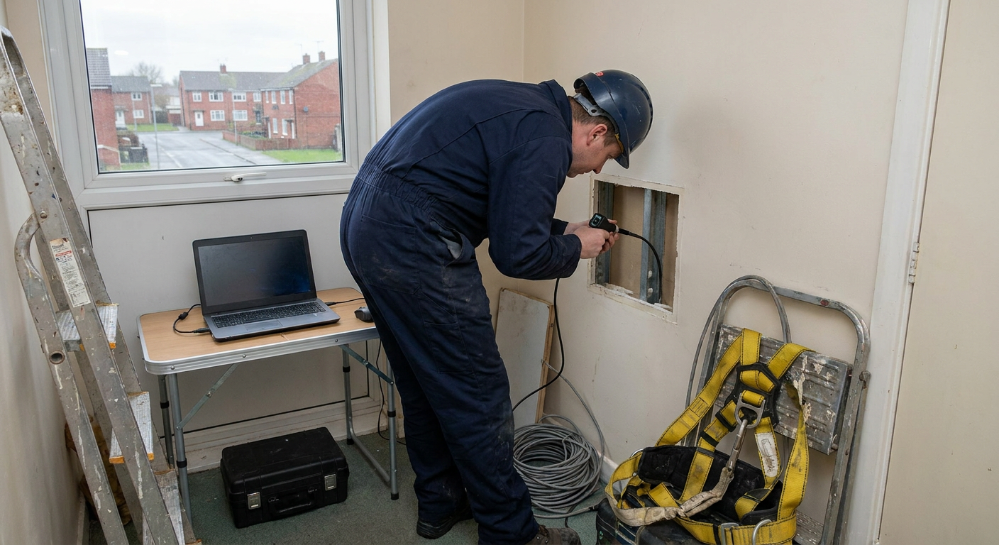 inspecting cladding to high rise building uk blue overalls