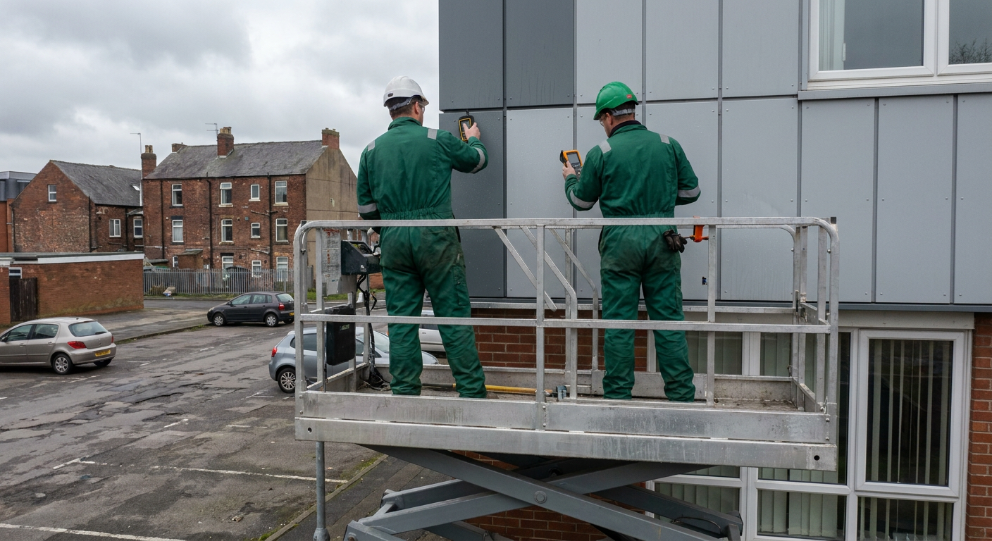 inspecting cladding to high rise building uk green overalls