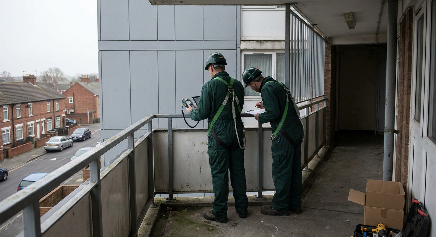 inspecting cladding to high rise building uk green overalls